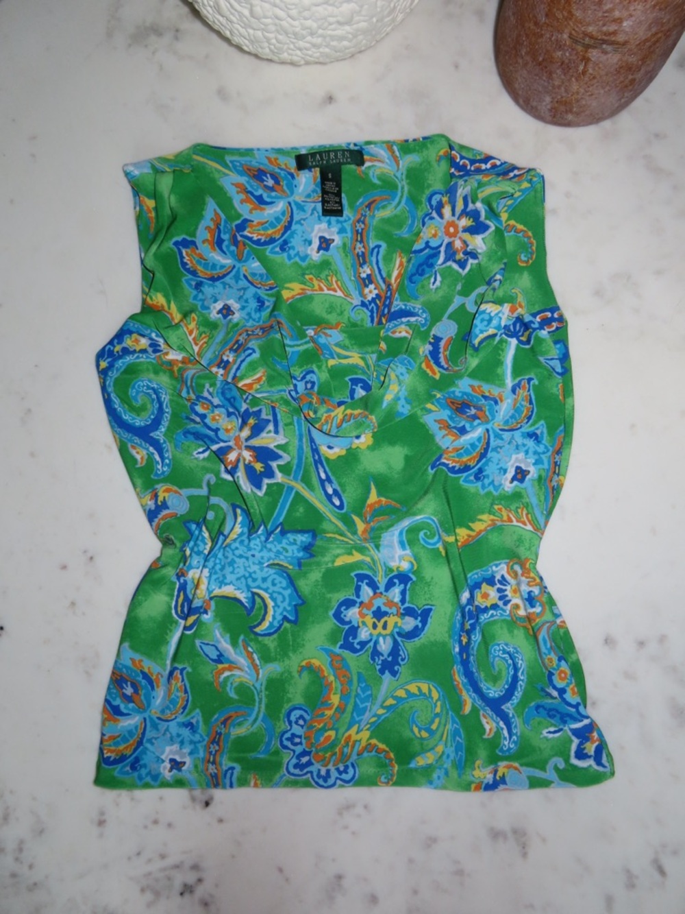Ralph Lauren Green Floral V-Neck Sleeveless Top